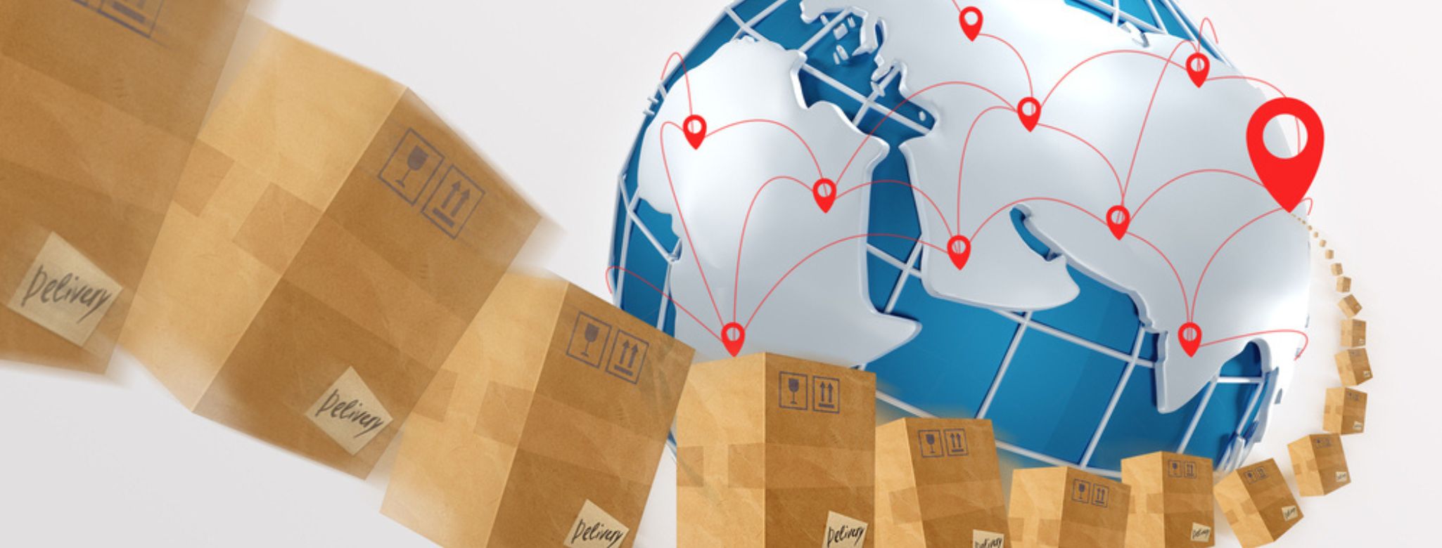 Caixas ao redor do mundo mostrando encomendas internacionais